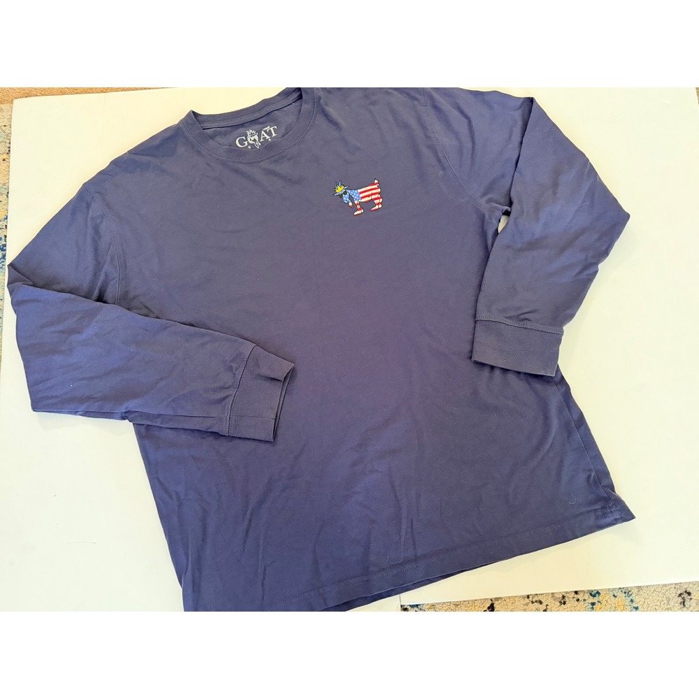 GOAT USA‎ Mens Long Sleeve Navy Blue Patriotic American Flag Logo T-Shirt Large
